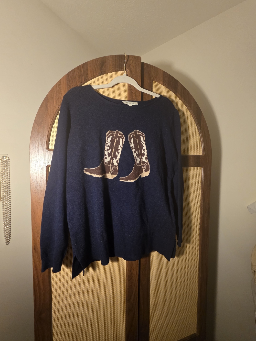 Navy Crewneck Sweater with Cowboy Boot Motif
